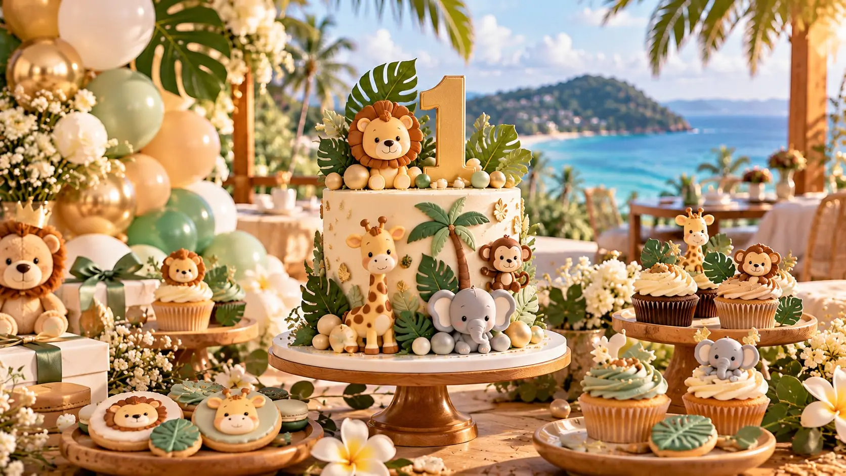 First birthday cake with a gold number 1, a fondant lion, giraffe, monkey and elephant, plus safari cupcakes and cookies by the sea