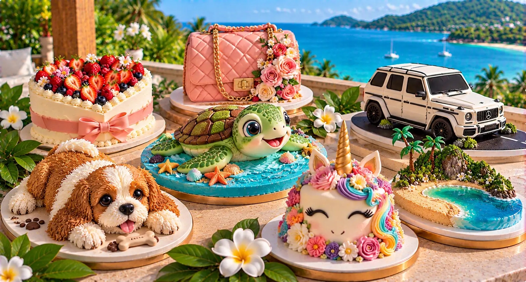 Sculpted cakes on a seaside terrace: a puppy, a sea turtle, a quilted pink handbag, a white SUV, a unicorn face and a tiny island with a lagoon
