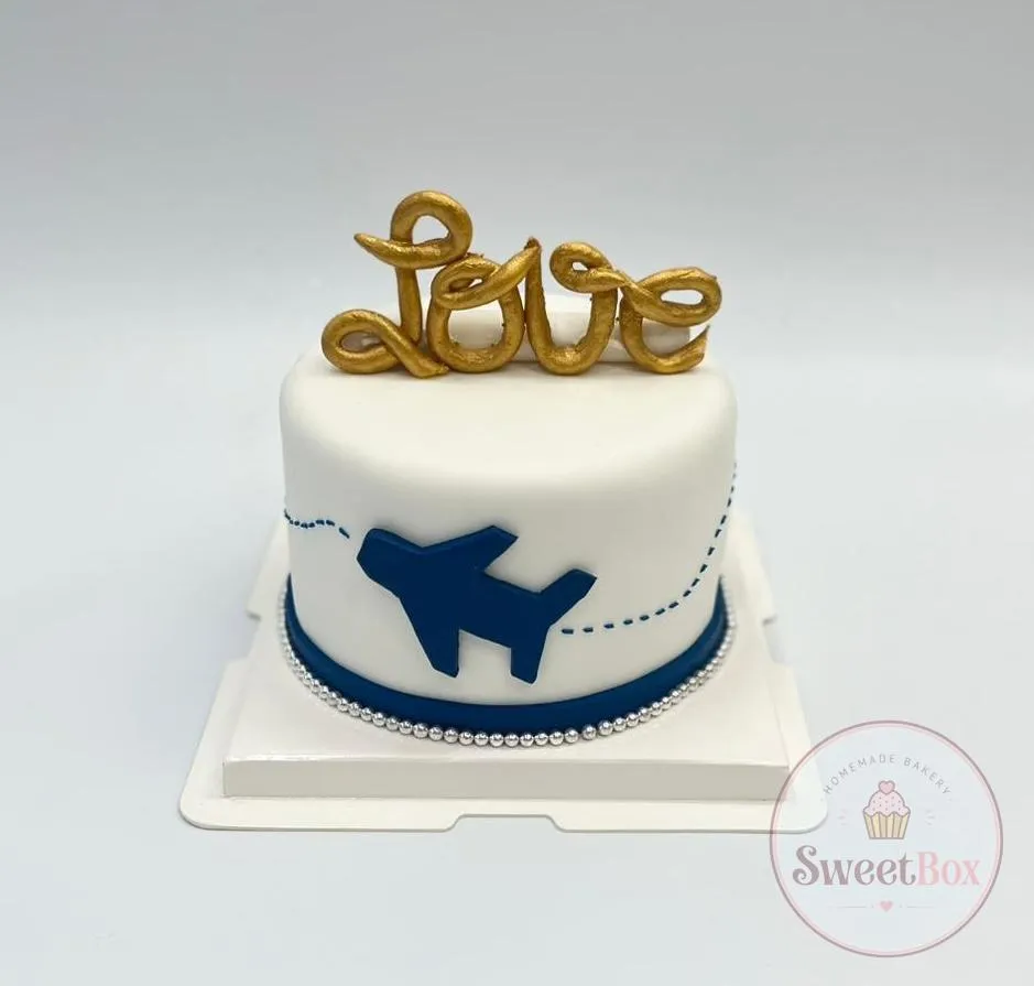 White cake with a navy airplane, dotted flight path and a gold Love topper