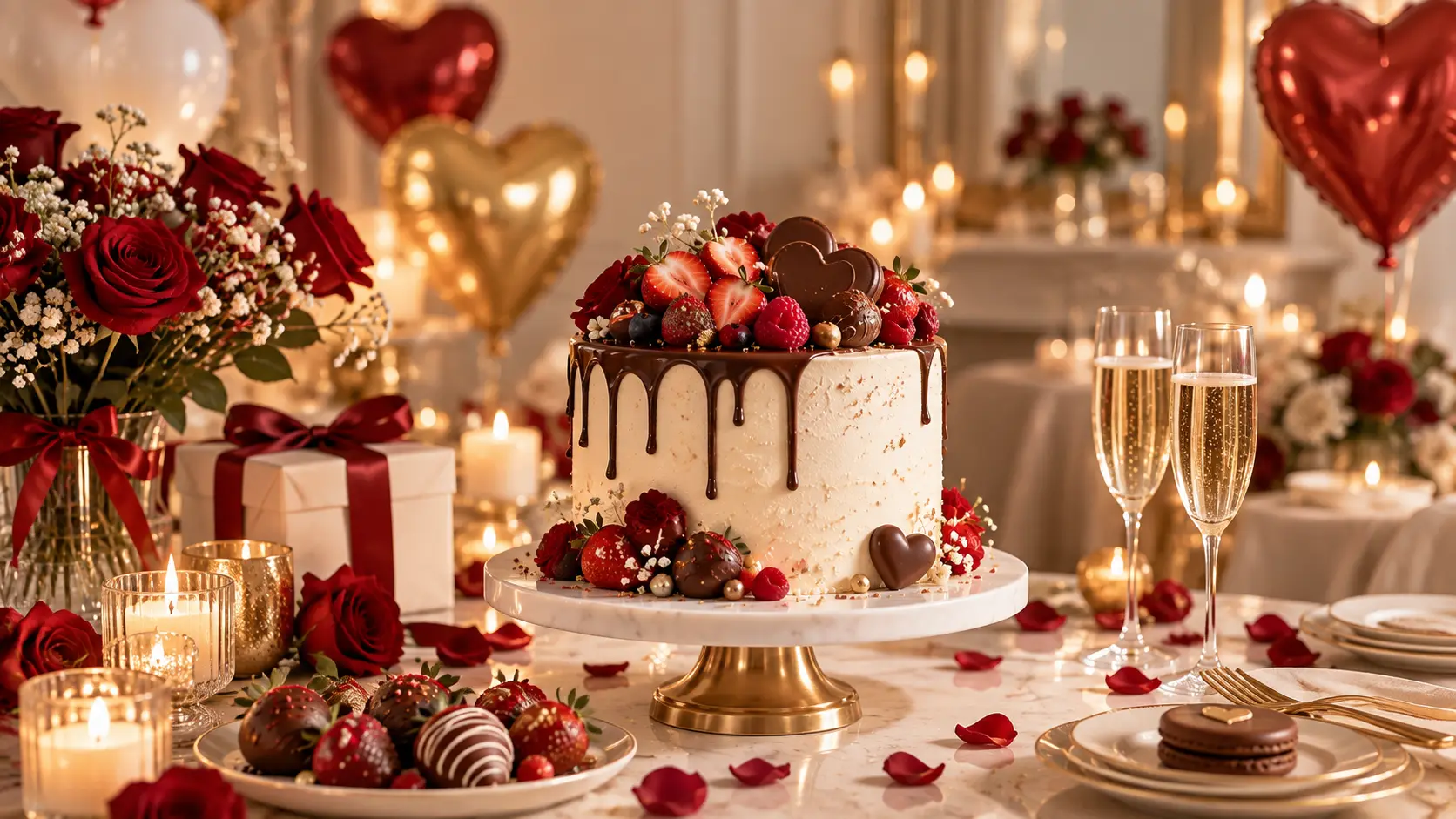 Anniversary cake with berries and chocolate, surrounded by red roses, candles and heart balloons at a romantic dinner in Phuket