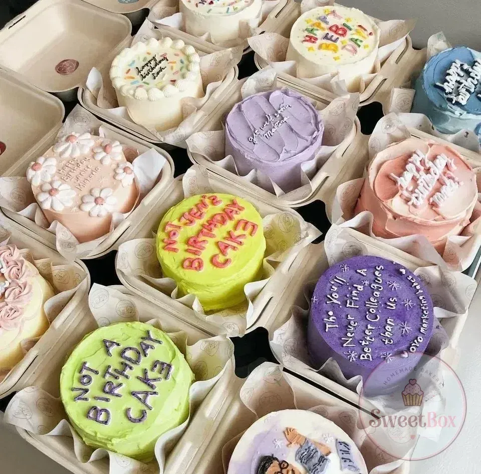 Assortment of colorful mini bento cakes with fun lettering like Not a Birthday Cake in takeout boxes