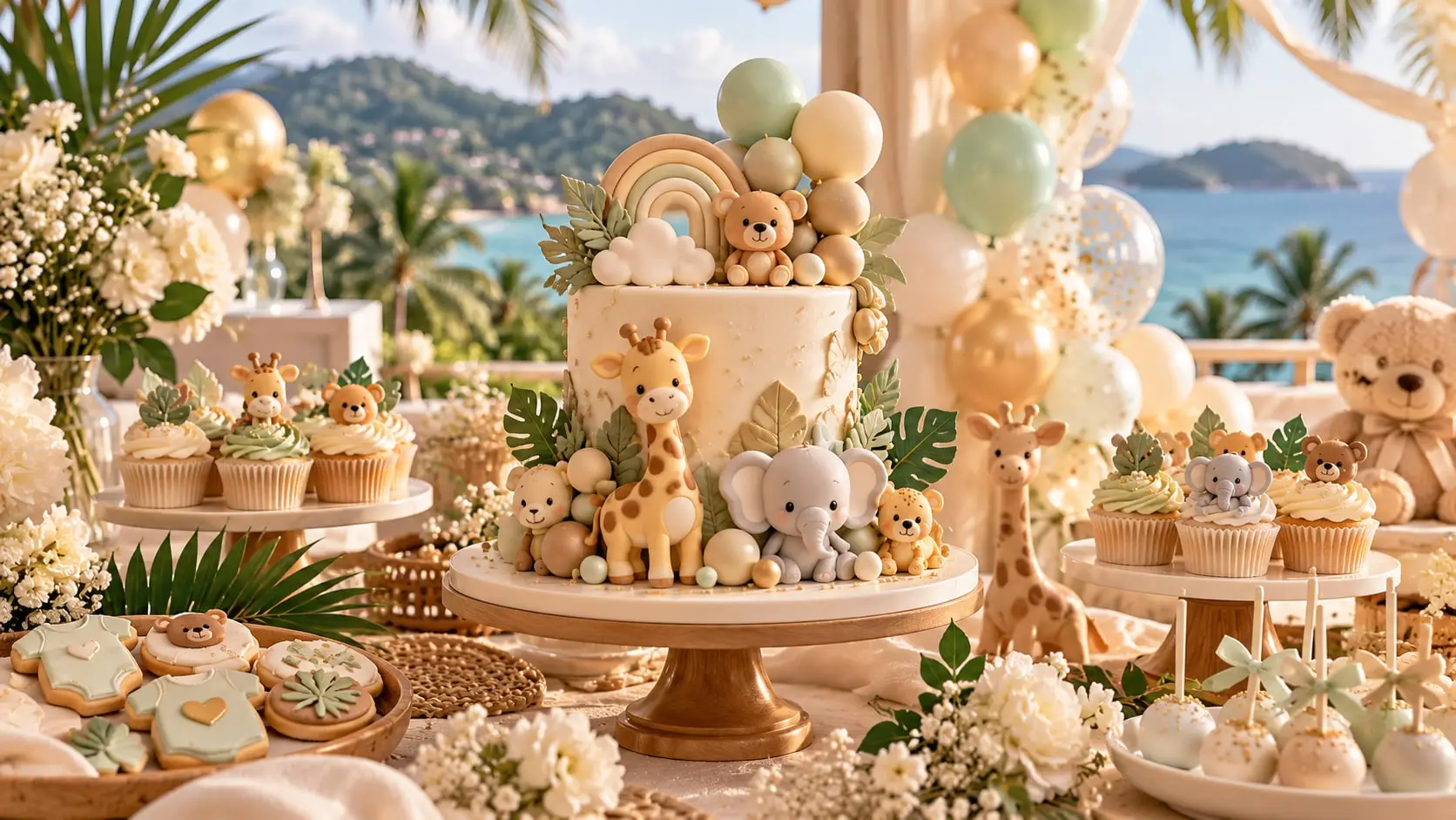 Baby shower cake with a fondant giraffe, elephant and teddy bears, a rainbow topper and matching cupcakes on a terrace by the sea
