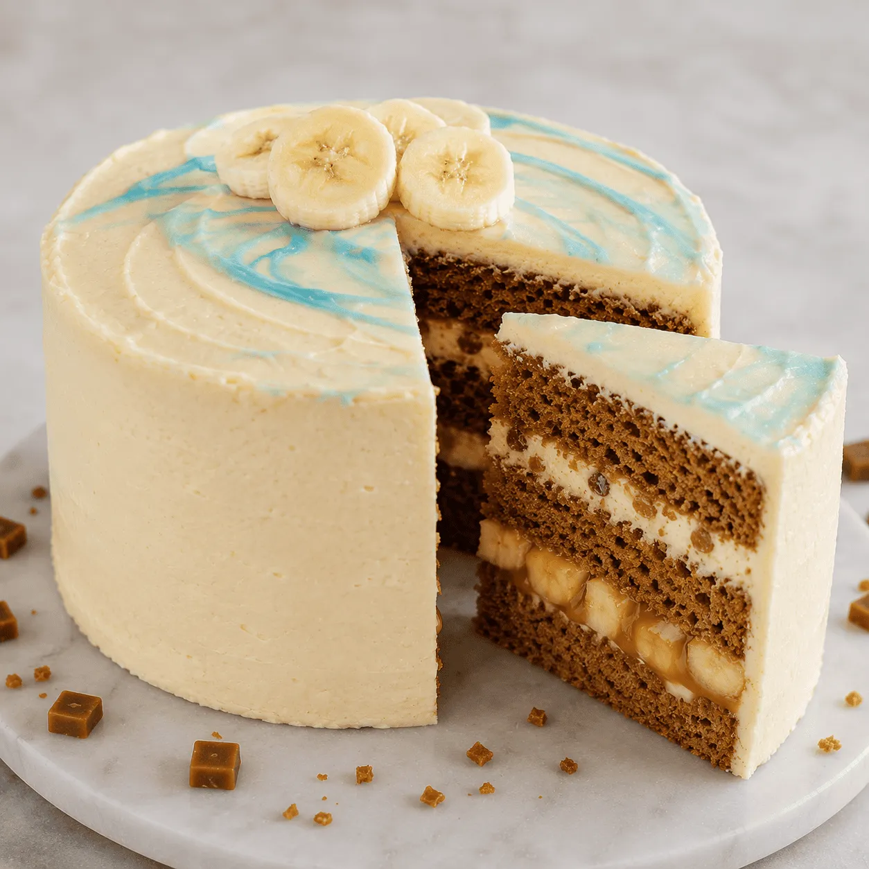 Banana caramel cake with blue marble top and banana slices, cut open to show its layers