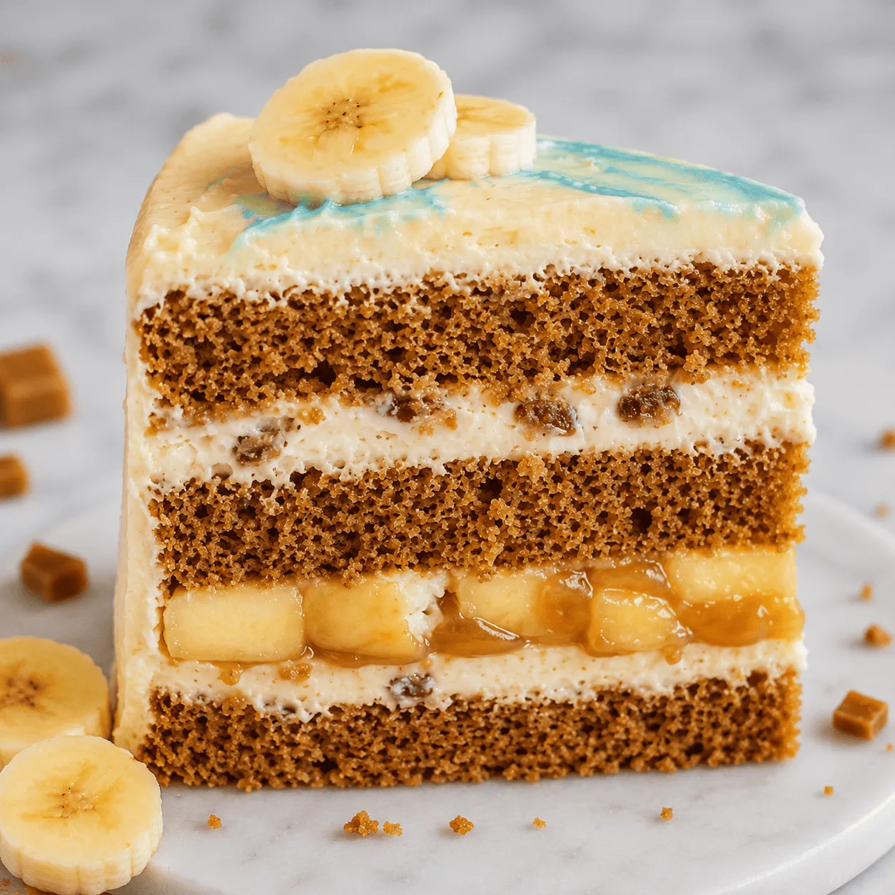 Slice of banana caramel cake showing honey sponge layers, cream and caramelized banana filling