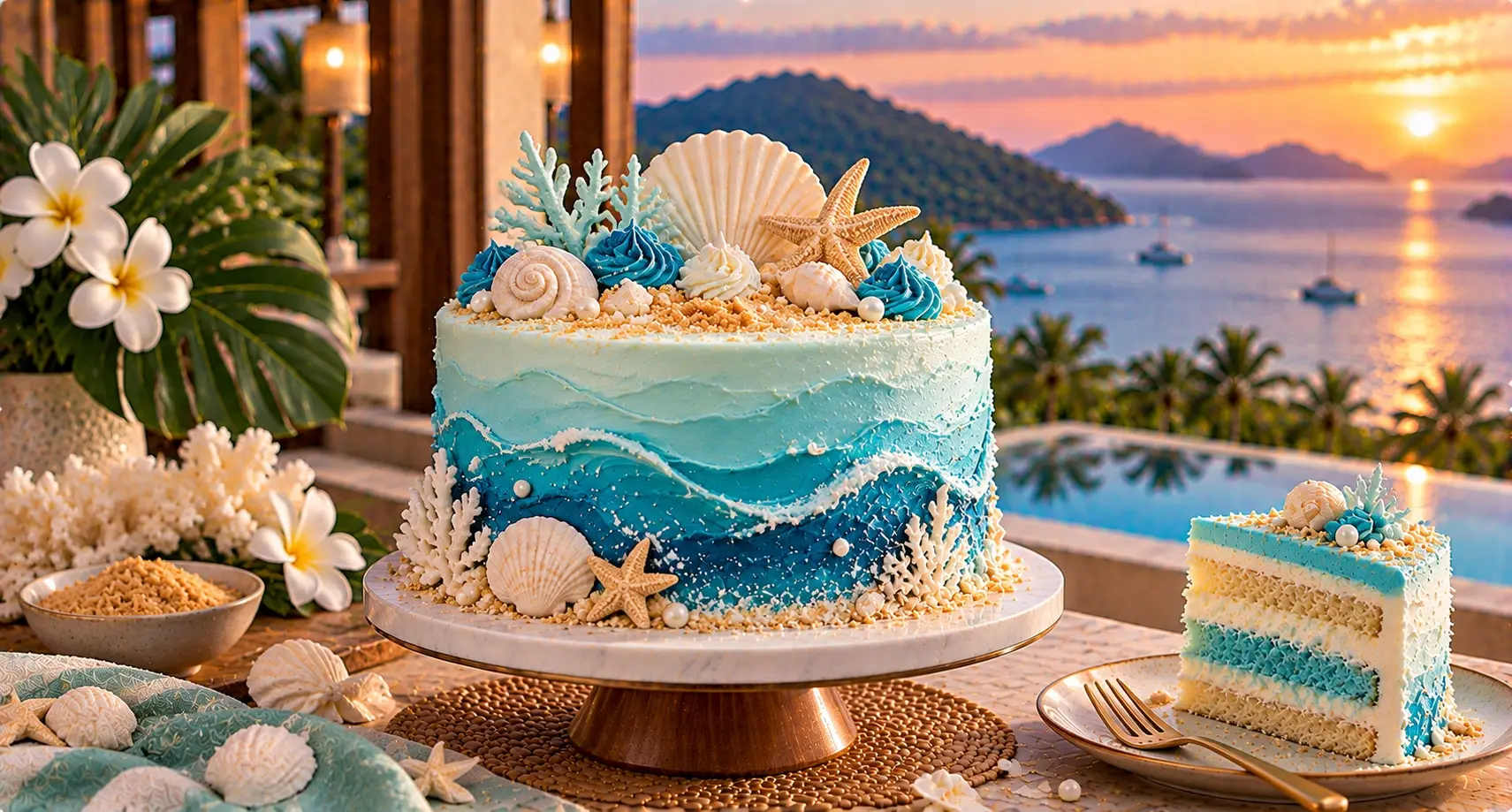 Blue ombre wave cake with seashells, starfish, coral and pearls on a stand, with a sunset sea and boats behind