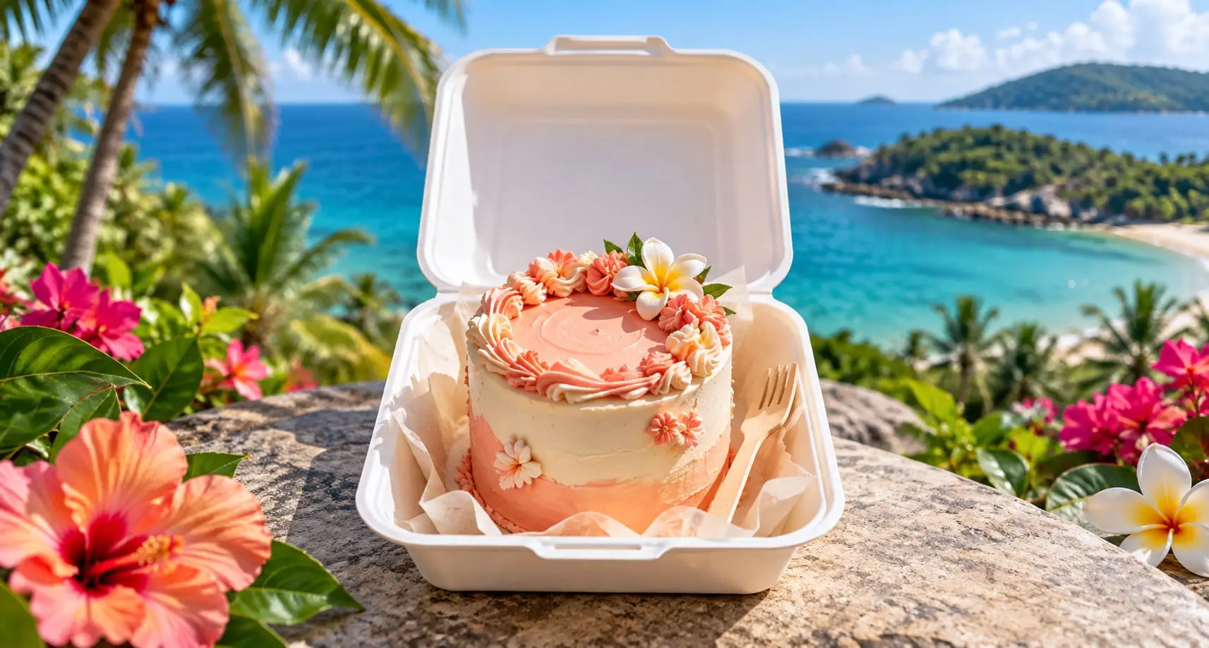 Peach bento cake with piped cream and a frangipani in an open white takeout box with a wooden fork, by the sea