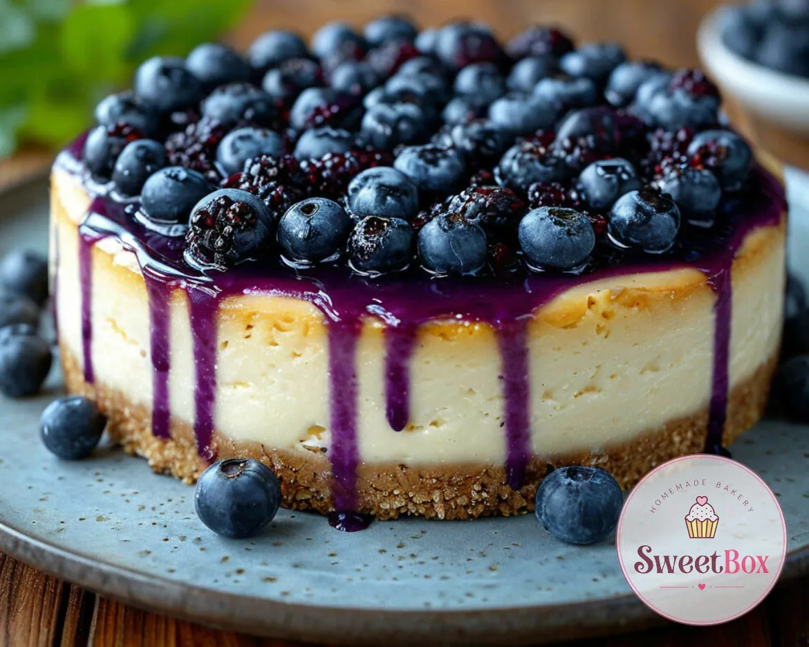 Baked blueberry cheesecake with sauce dripping down the sides, piled with blueberries and blackberries