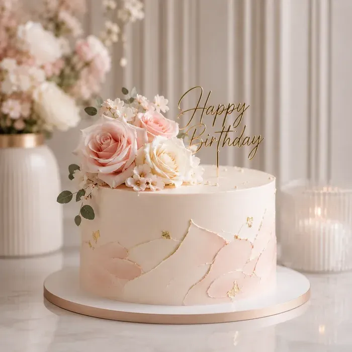 Blush pink birthday cake with cream roses and a gold Happy Birthday topper in a bright room