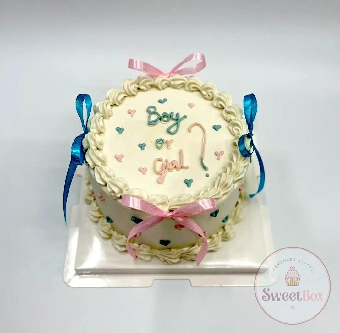 Small vintage-style Boy or Girl cake with a question mark, piped cream border and pink and blue ribbon bows