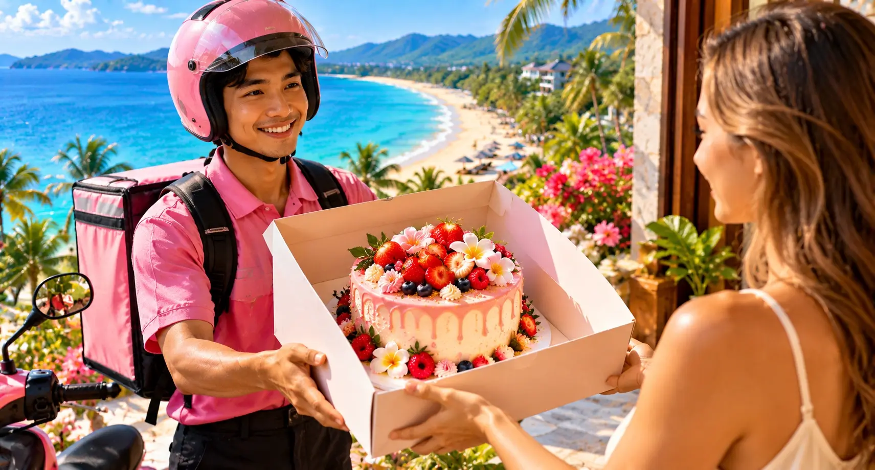 Courier in a pink helmet with a delivery backpack, next to a scooter, handing a woman an open box with a pink berry cake at a villa above a bay