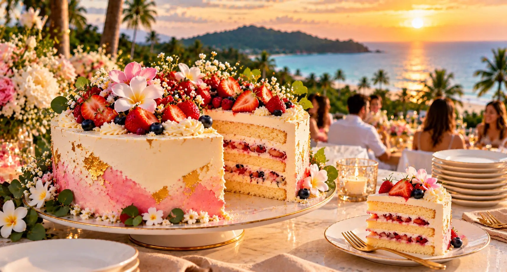 Large berry and flower cake with sliced layers on a party table at sunset, with a single slice on a plate
