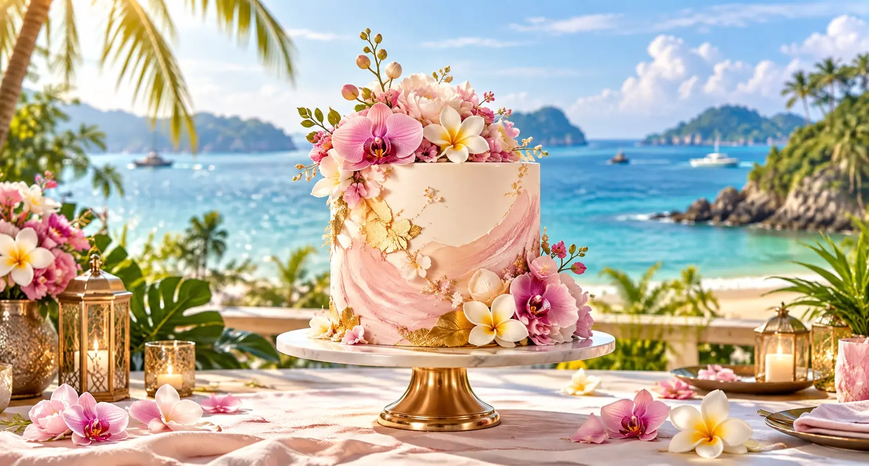Pink and white marbled cake with orchids, frangipani and gold leaf on a gold stand, with a tropical bay behind