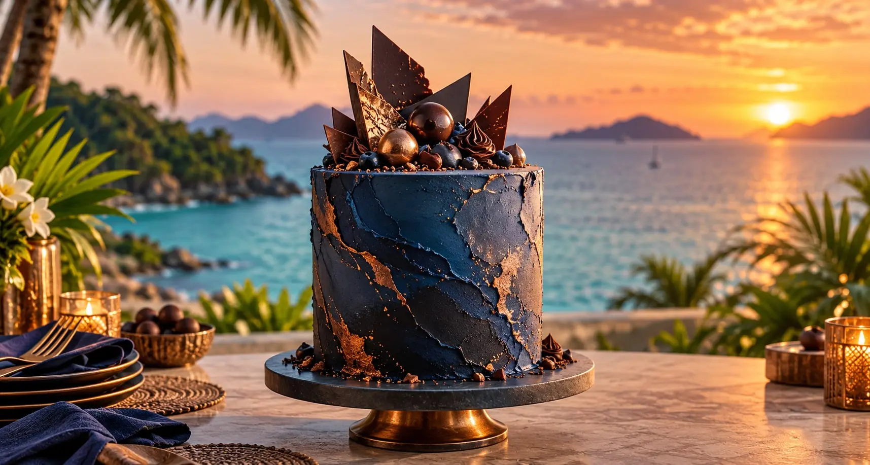 Dark chocolate cake with a black marbled finish, copper accents, chocolate shards and spheres on a stand at sunset by the sea
