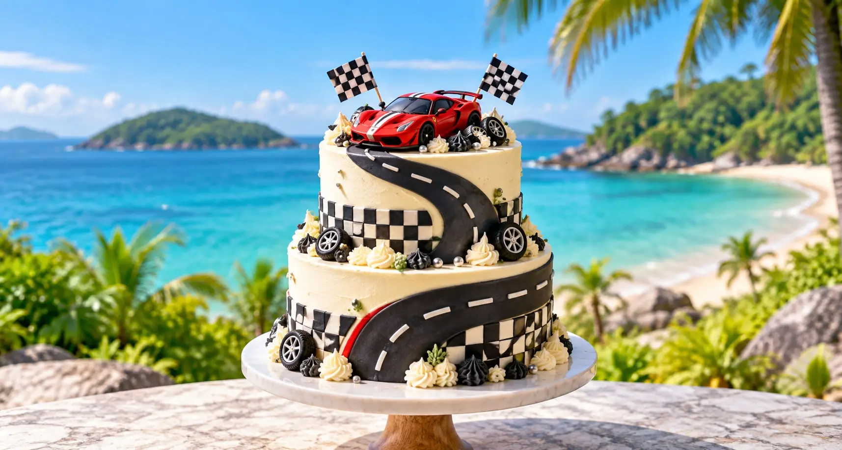 Two-tier race car cake with a red sports car topper, checkered flags and a winding road on a stand above a tropical beach