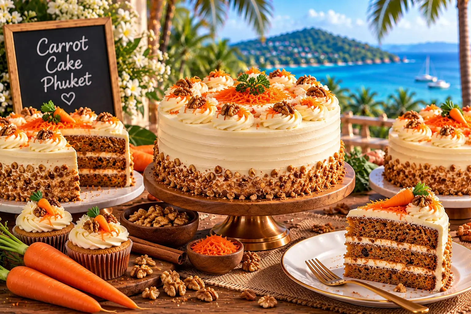 Carrot cake with cream cheese frosting, walnuts and carrot curls, with carrot cupcakes, a layered slice and fresh carrots