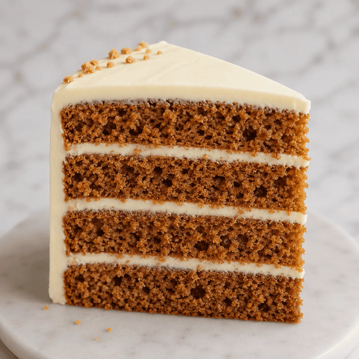 Slice of four-layer carrot cake with cream cheese frosting and gold sprinkles on a marble plate