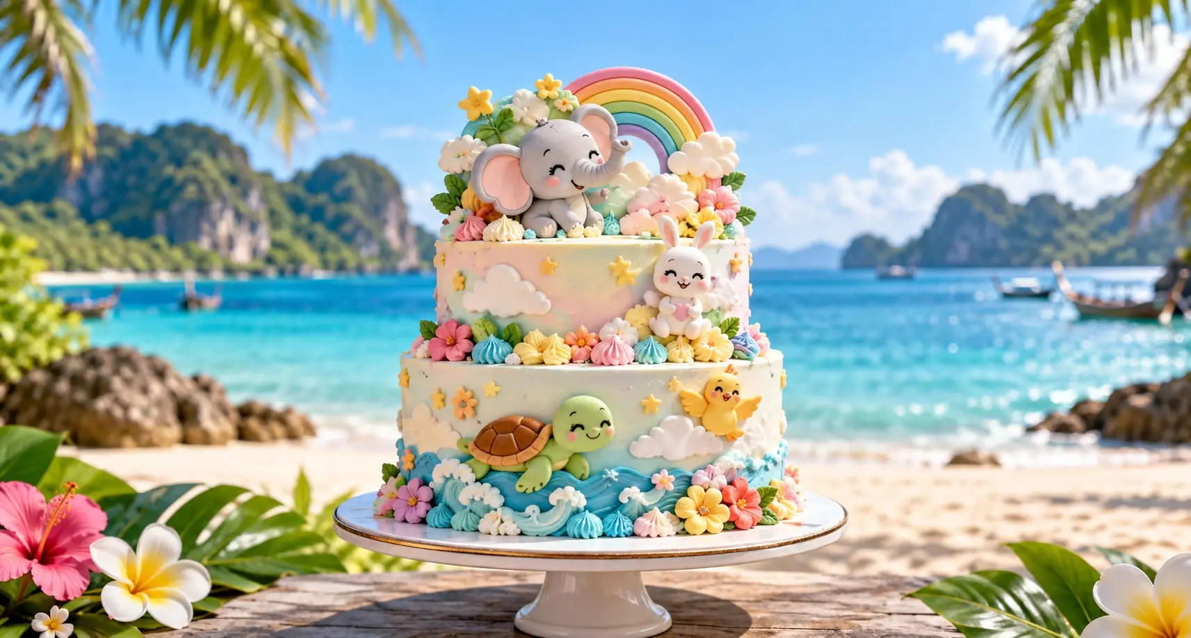 Two-tier pastel cartoon cake with an elephant, bunny, turtle, chick and a rainbow topper, clouds and flowers by a beach