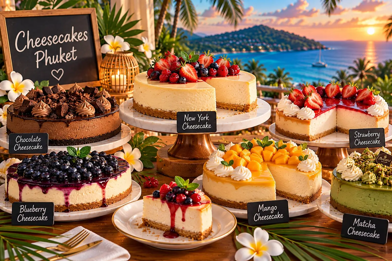 Assorted cheesecakes topped with strawberries, blueberries, mango, chocolate and pistachio on stands at a seaside sunset