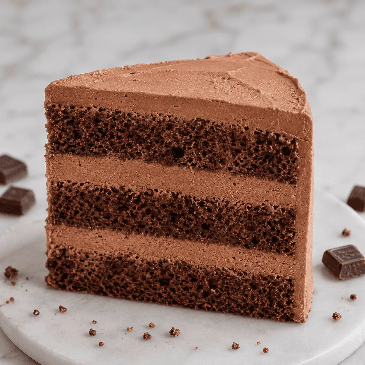 Slice of layered chocolate sponge cake with rich chocolate cream frosting on a marble plate