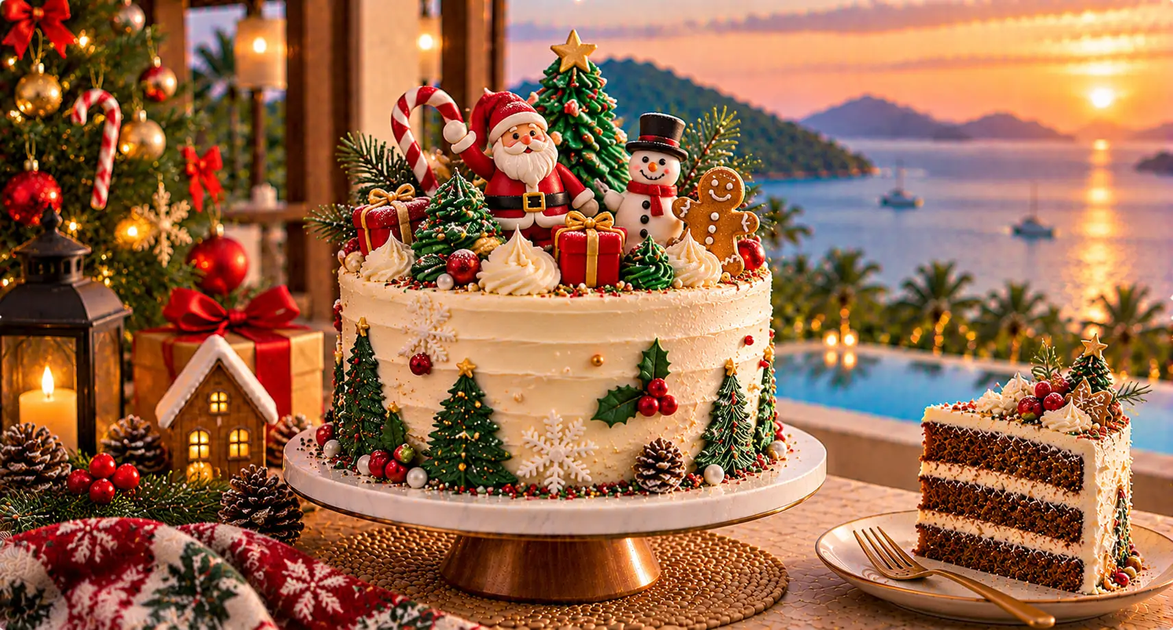 Cream Christmas cake with Santa, a snowman, a gingerbread man and piped trees on a festive terrace above a tropical bay at sunset