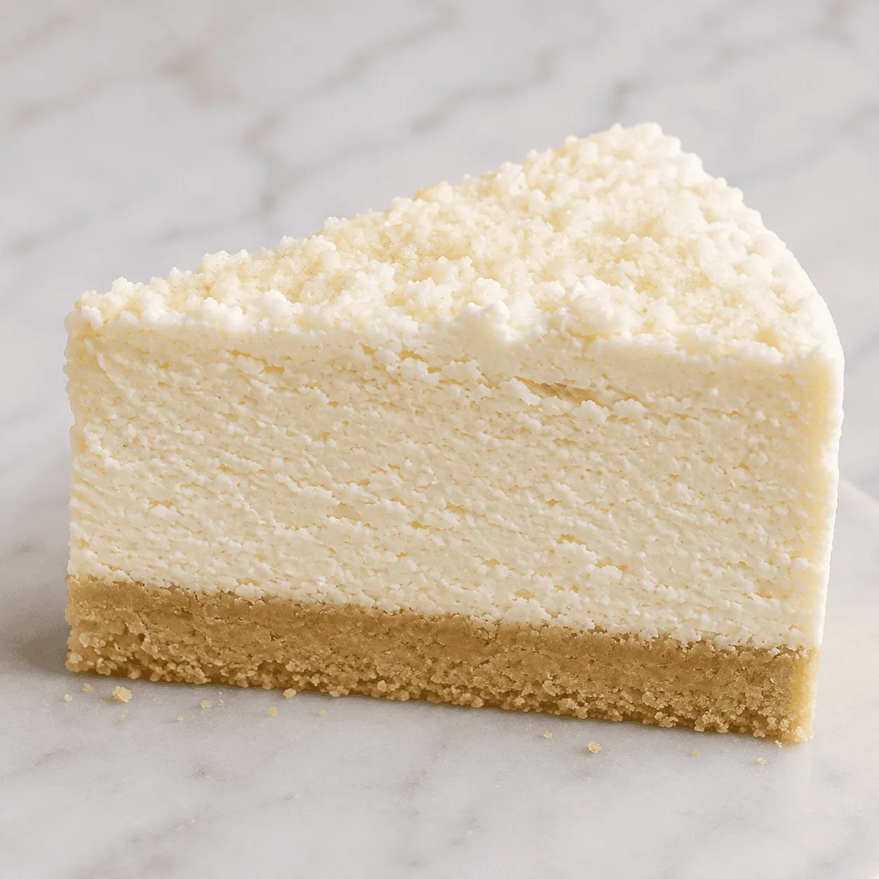 Slice of creamy classic cheesecake with a crumbly topping and golden biscuit base on marble