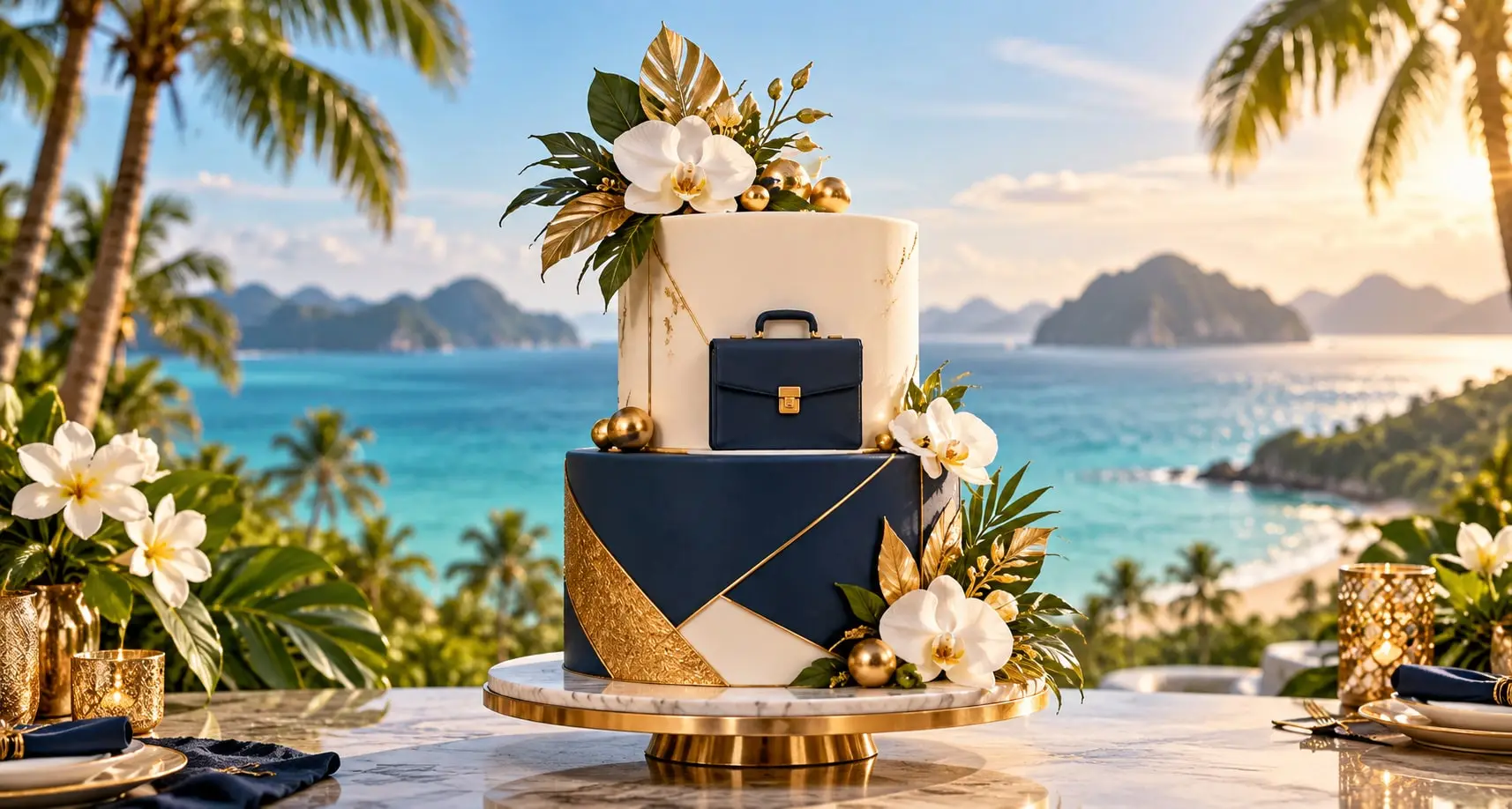 Two-tier navy and white corporate cake with a fondant briefcase, gold accents and white orchids on a terrace by the sea