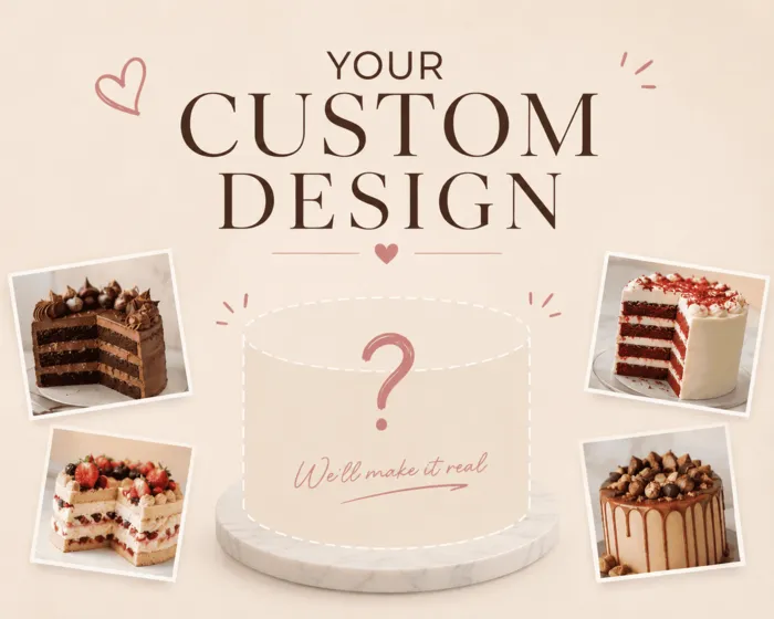 Your custom design card: a blank cake with a question mark surrounded by example cake slices