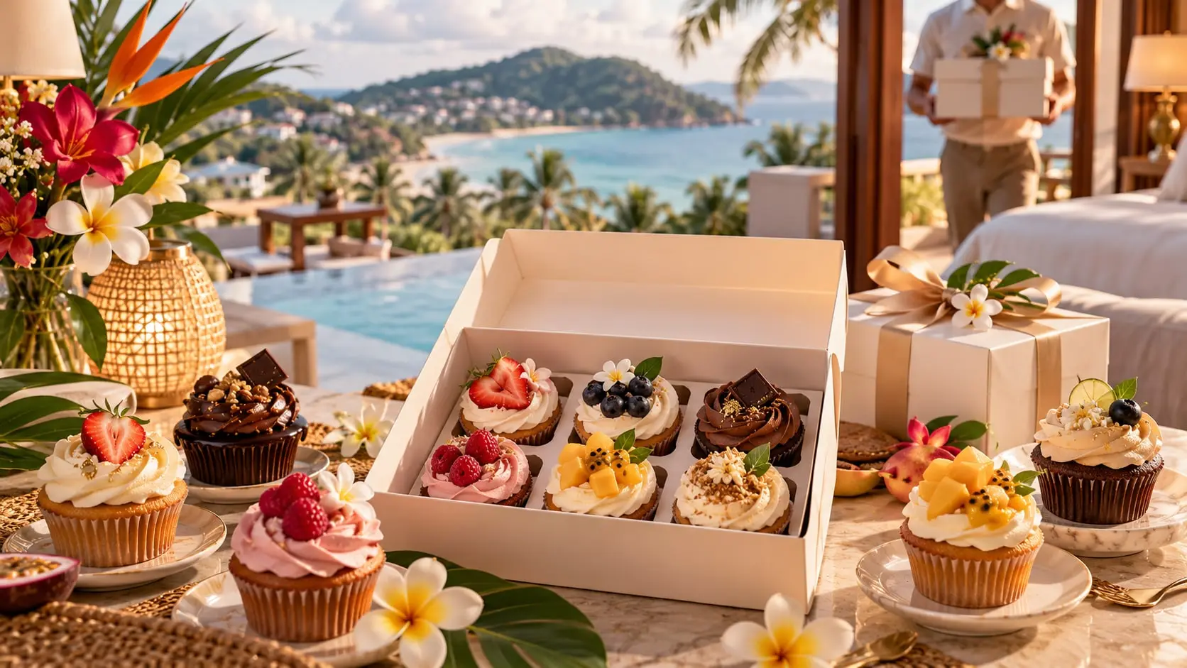 Box of assorted cupcakes topped with chocolate, berries and mango, more cupcakes and gift boxes on a table with a sea view