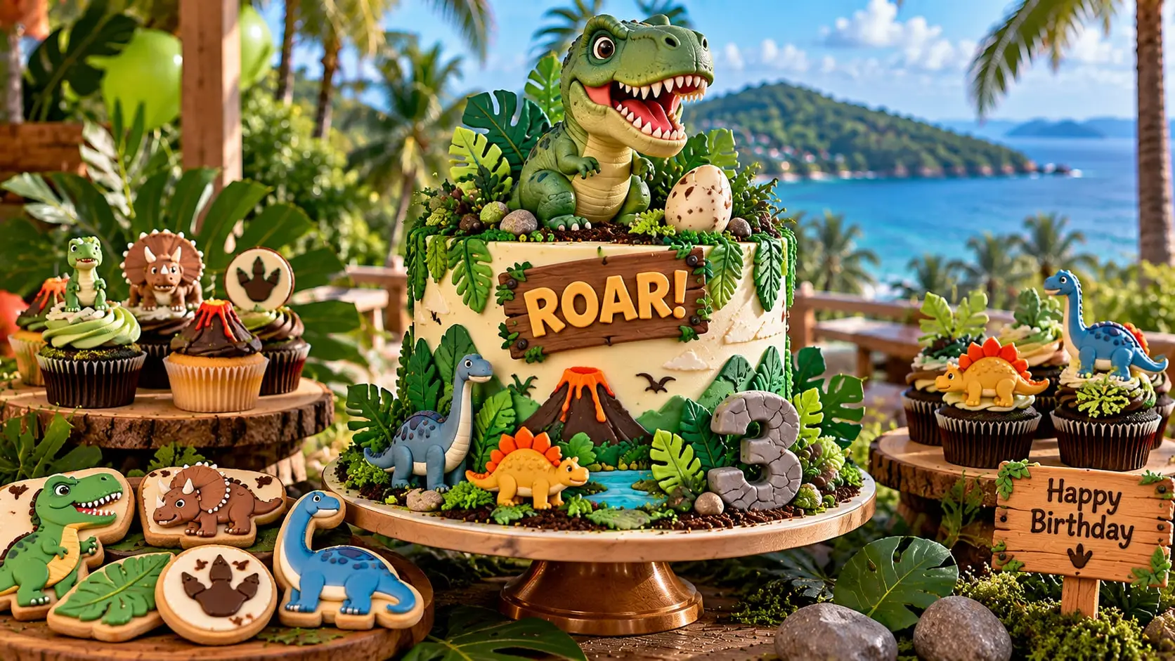 Dinosaur birthday cake with a T-rex topper, ROAR sign, volcano and number 3, with dinosaur cupcakes and cookies