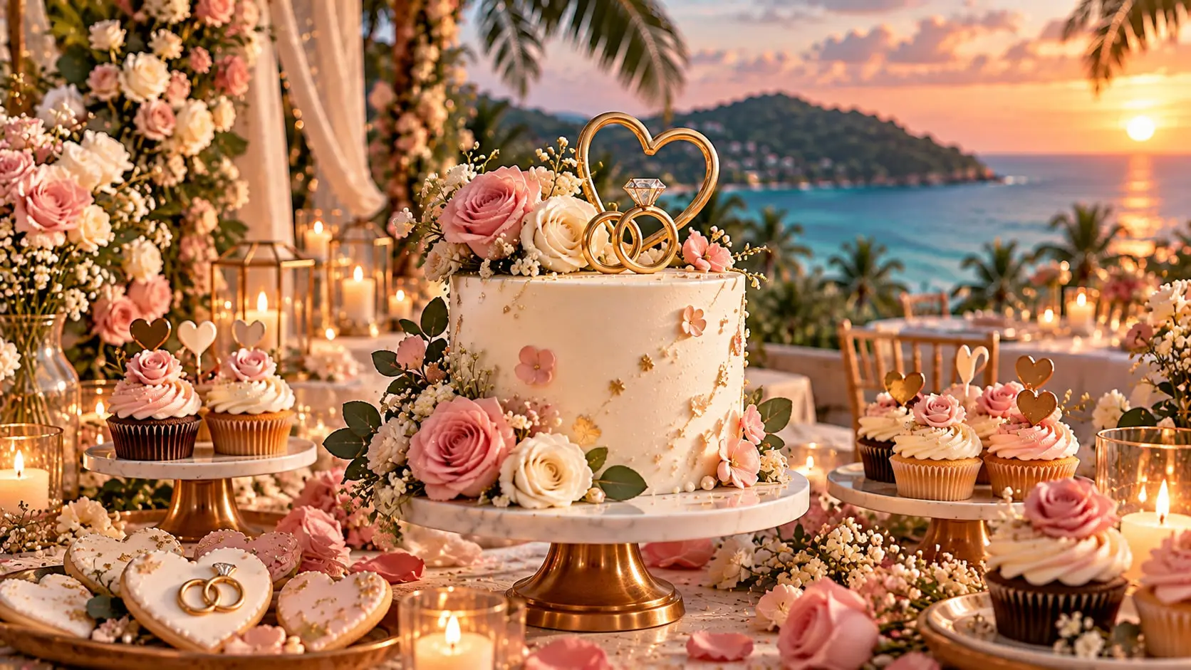 Engagement cake with a gold heart topper and two rings, pink and white roses, and heart-topped cupcakes at a sunset table