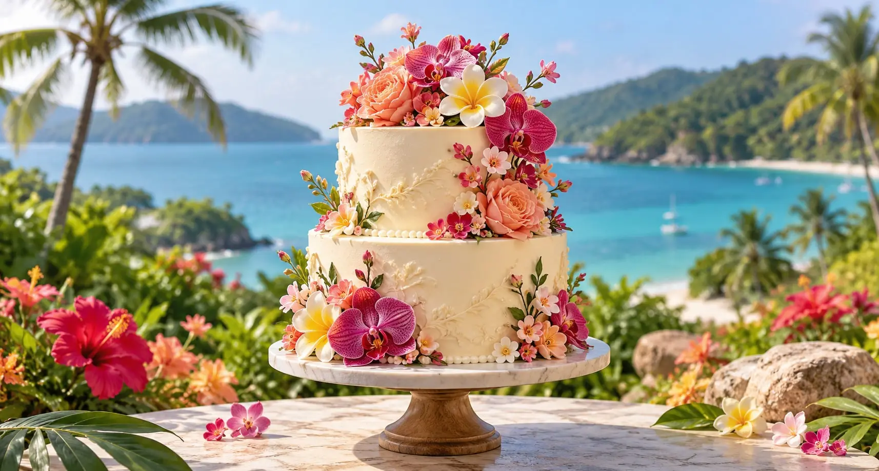 Two-tier cream cake with sugar orchids, roses and frangipani on a wooden stand, with a tropical bay and flowers behind