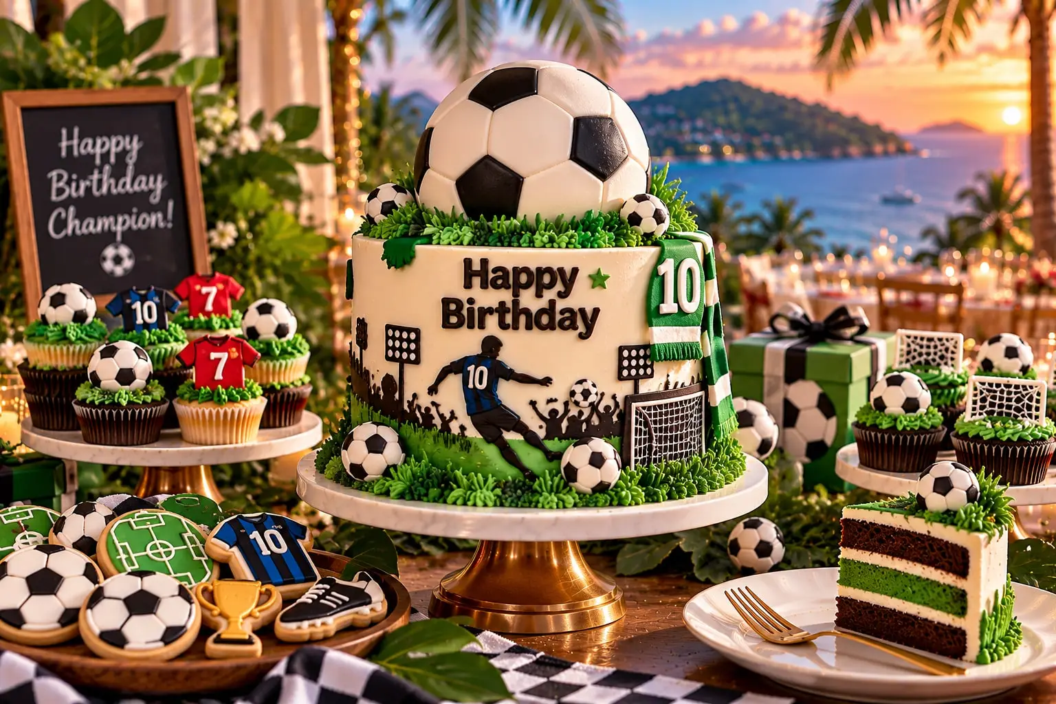 Football birthday cake with a ball topper, player silhouette, goal and number 10, with soccer cupcakes, cookies and a slice