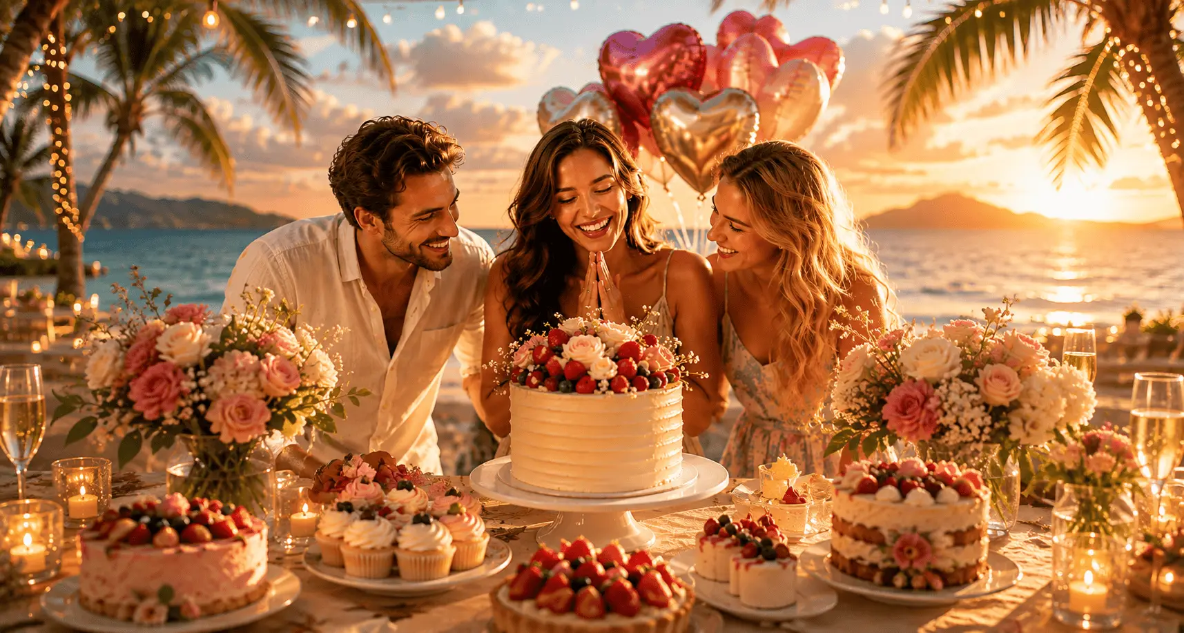 Friends celebrating with a birthday cake and desserts at a beach table at sunset in Phuket