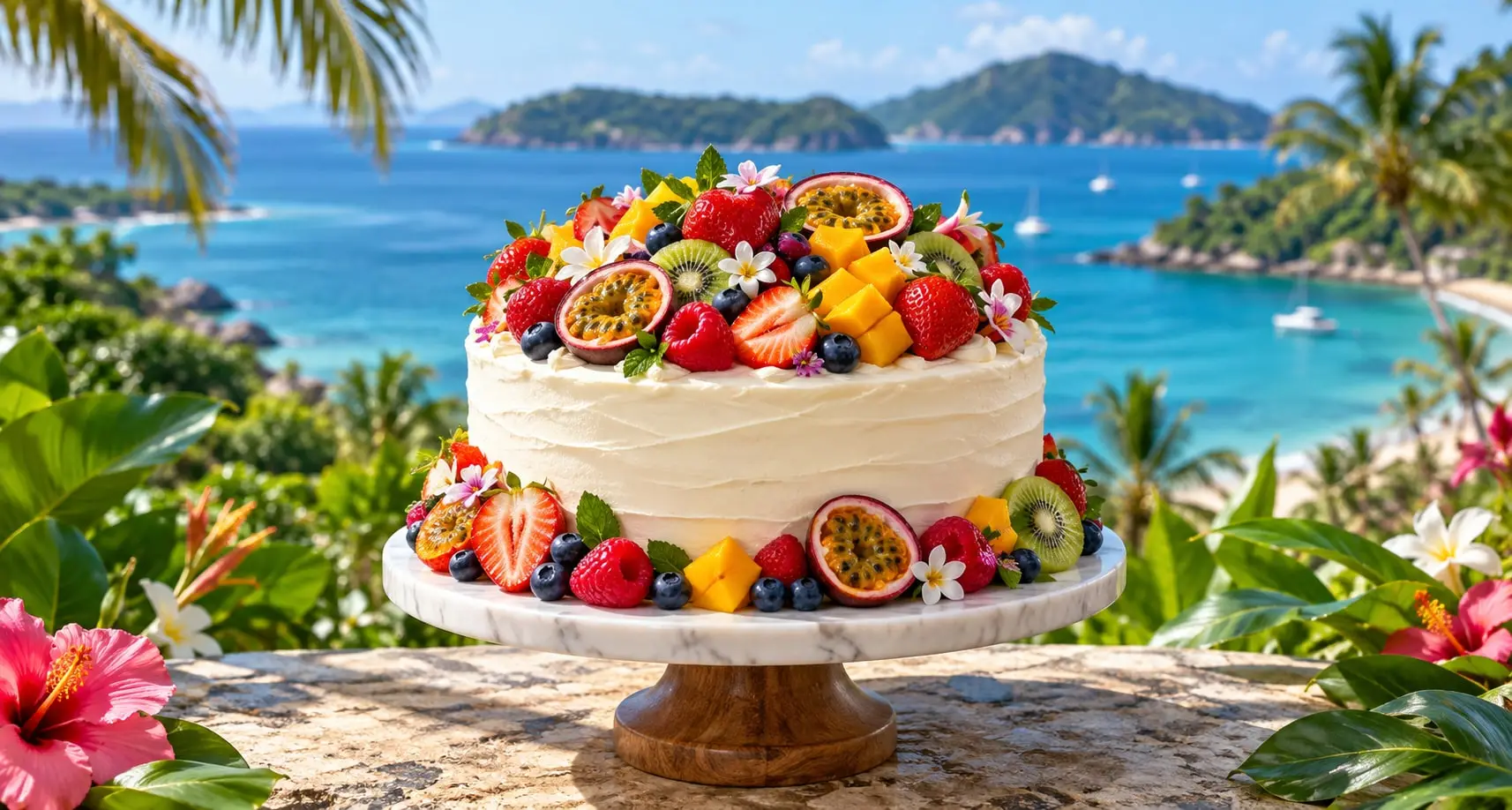 White cream cake topped with strawberries, passion fruit, kiwi, mango, blueberries and flowers on a marble stand by the sea