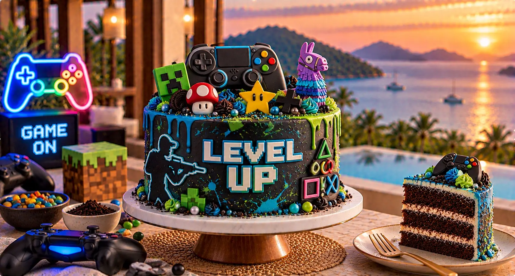 Black gaming cake with Level Up lettering, a controller, pixel blocks, a mushroom, a star and a llama, next to a neon Game On sign at sunset