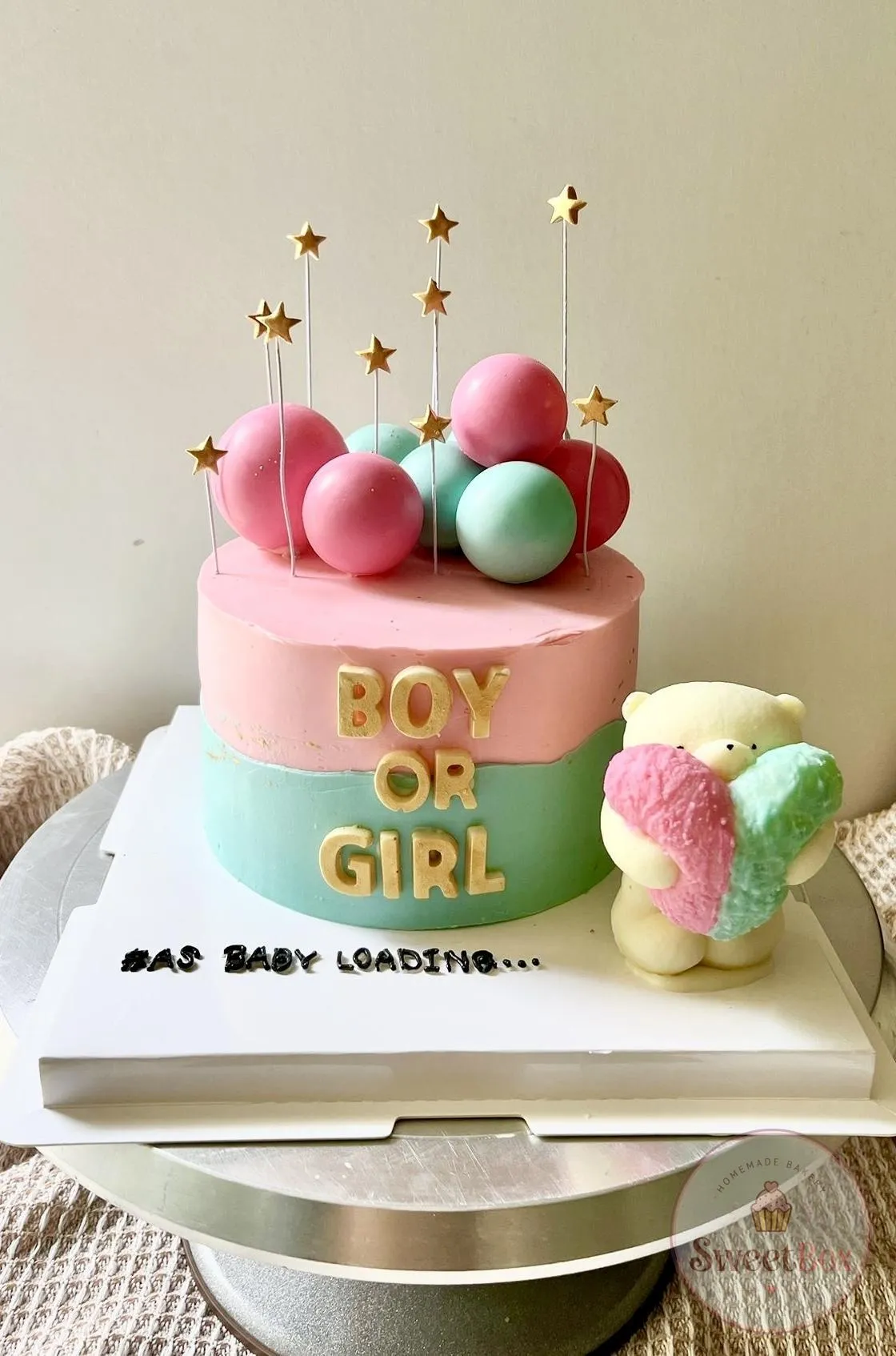 Pink and teal Boy or Girl cake with gold letters, pink and mint spheres, gold stars and a white chocolate teddy bear