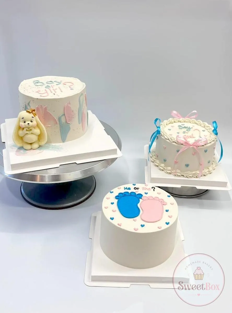 Cake set: bunny-topped cake, bow-trimmed mini cake and bento cake with pink and blue baby feet