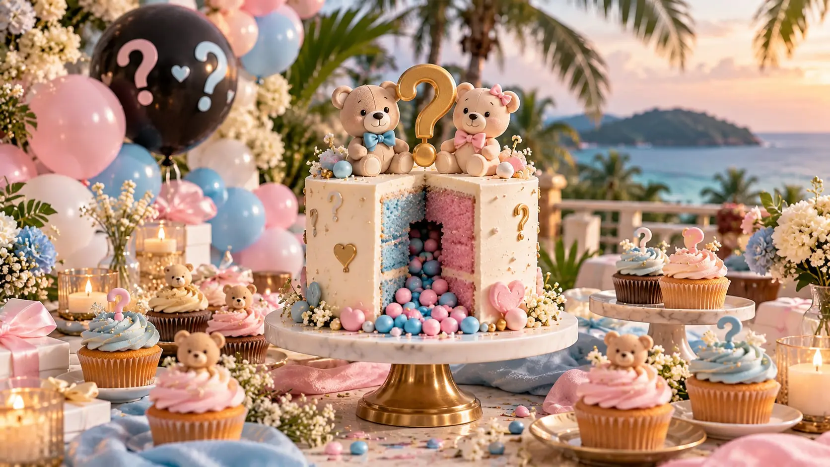 Gender reveal cake cut open to show pink and blue layers and candy, topped with two teddy bears and a gold question mark