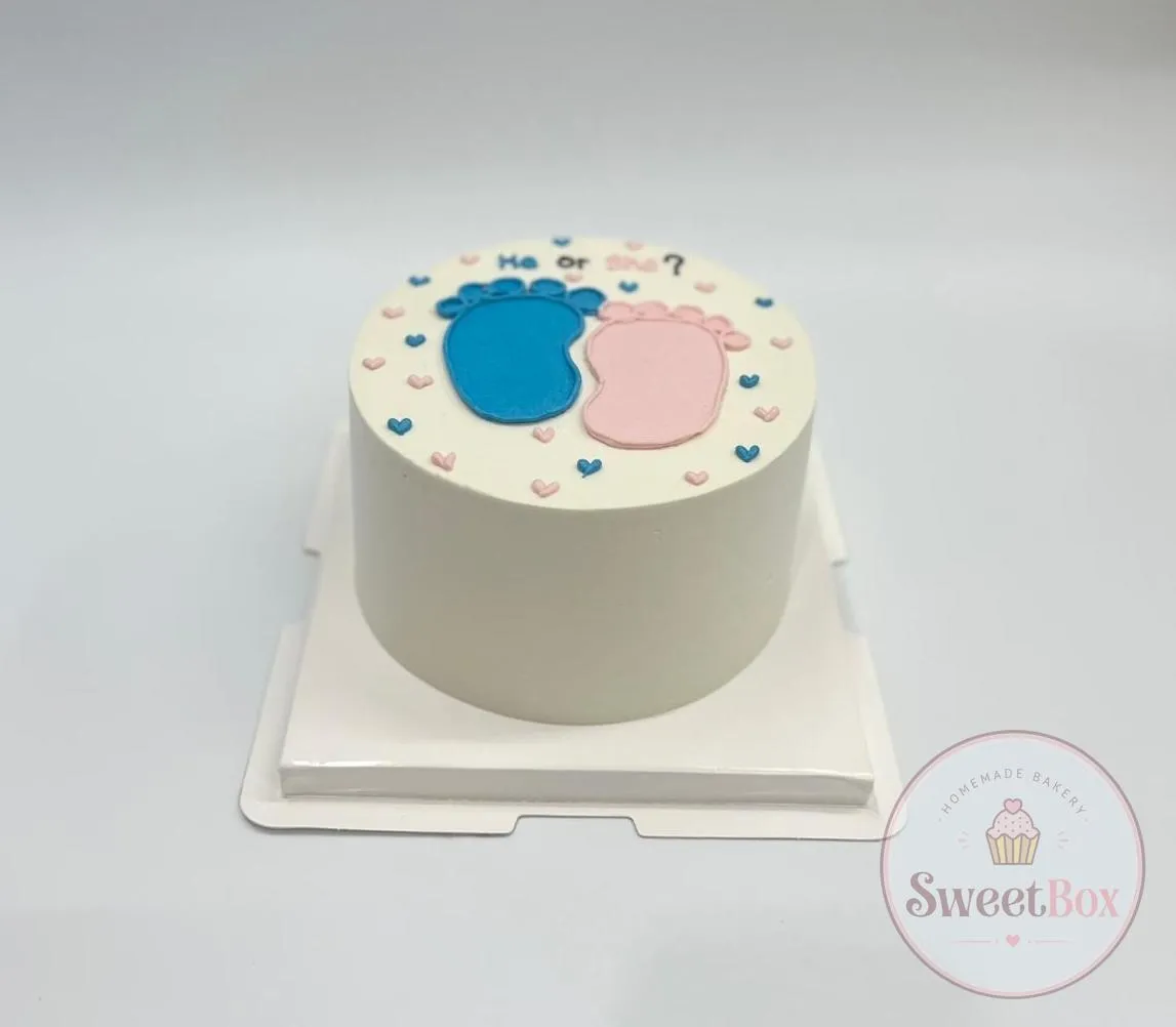Small white bento cake with blue and pink baby footprints, tiny hearts and He or She lettering