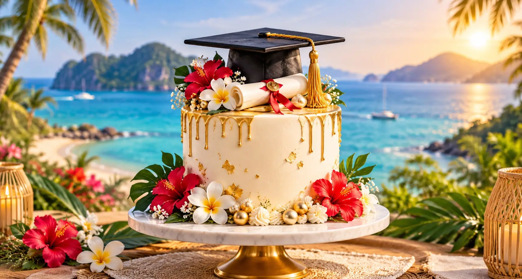 White graduation cake with gold drips, a mortarboard cap and diploma, red hibiscus and frangipani flowers by a tropical bay