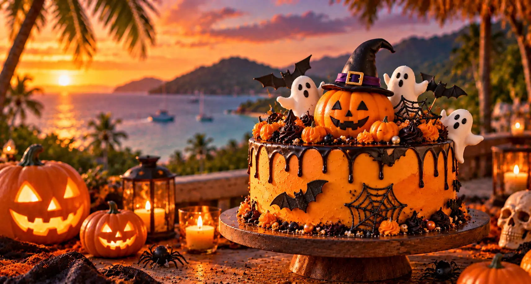 Orange Halloween cake with a chocolate drip, a pumpkin in a witch hat, ghosts and bats on a terrace above a tropical bay at sunset