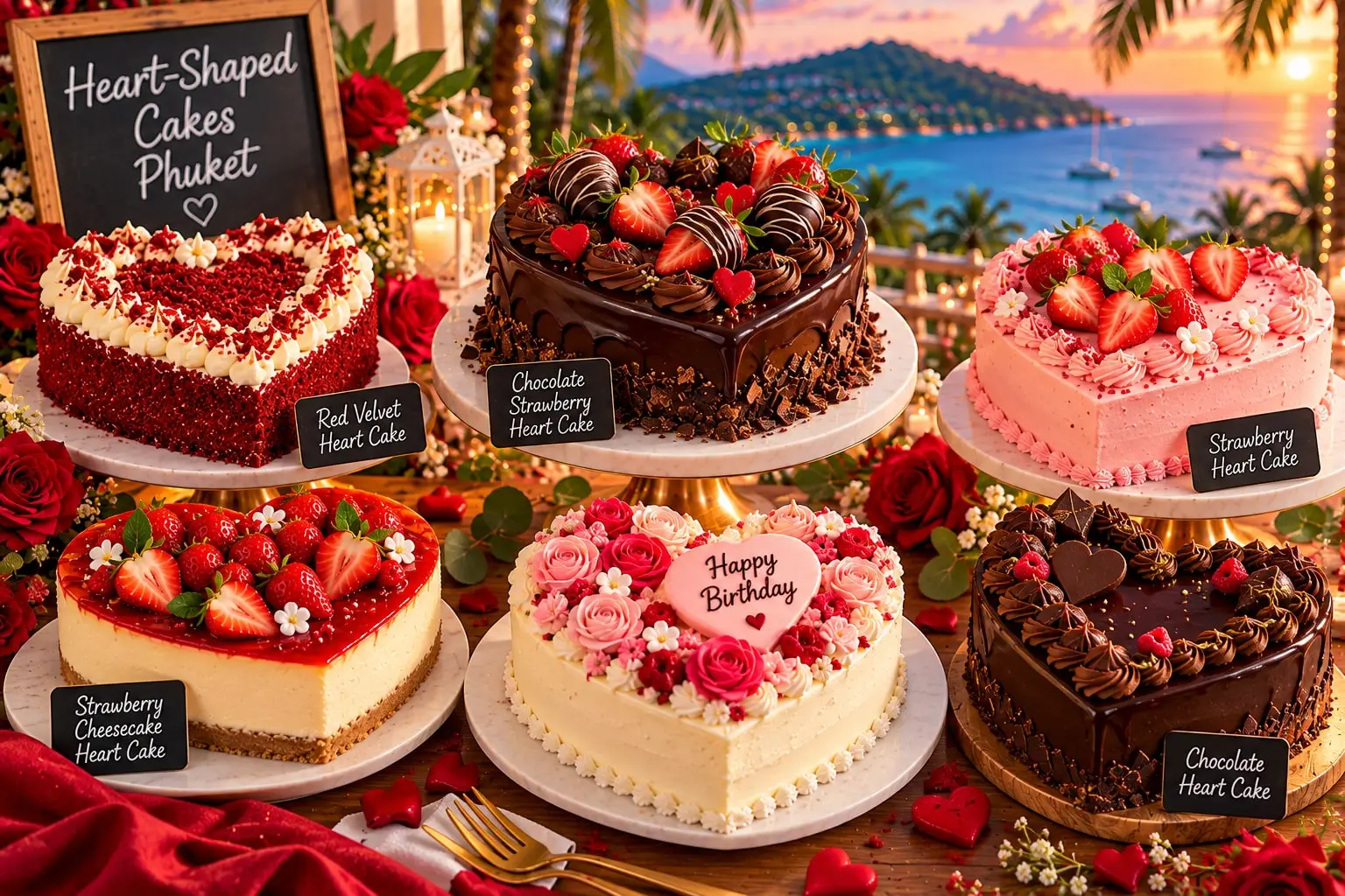 Heart-shaped cakes decorated with strawberries, chocolate and roses around a pink Happy Birthday heart cake, with a chalkboard sign