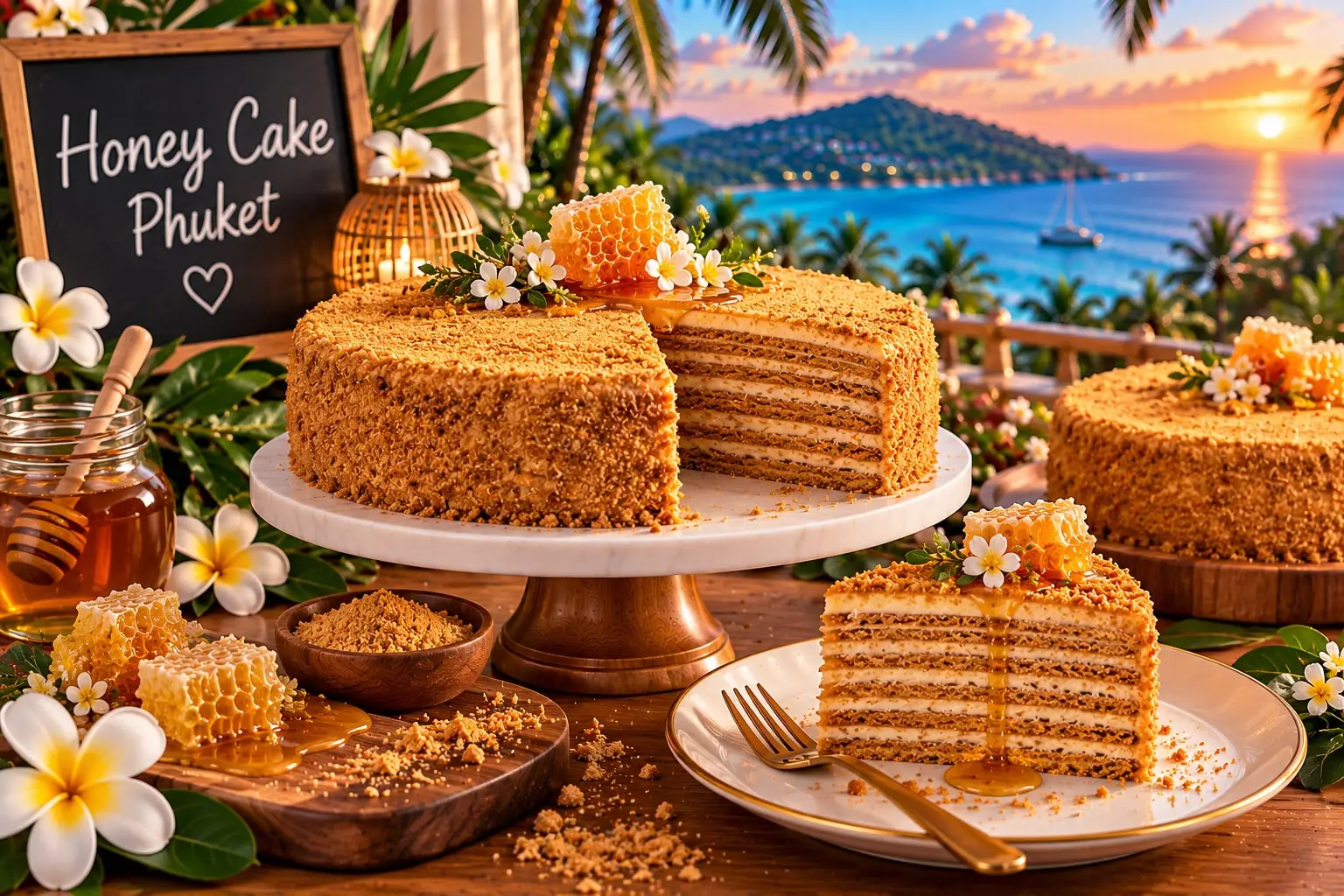Layered honey cake with a crumb coating, honeycomb and flowers on top, a slice drizzled with honey, and a honey jar