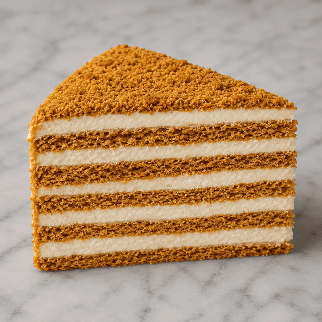 Slice of layered honey cake with cream filling and a crumb coating on marble