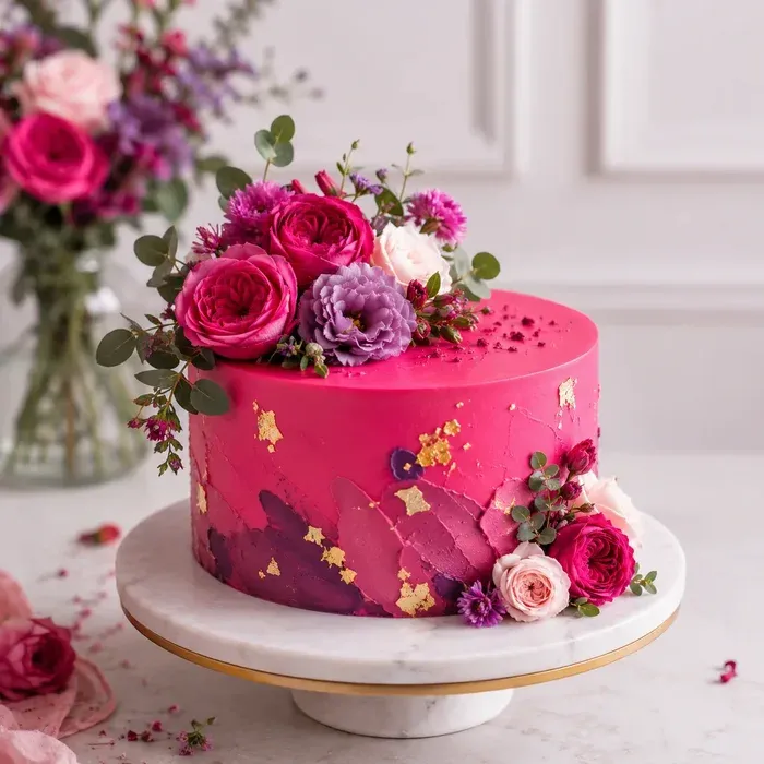 Hot pink cake with gold leaf and a cascade of fresh roses and lisianthus on a marble stand