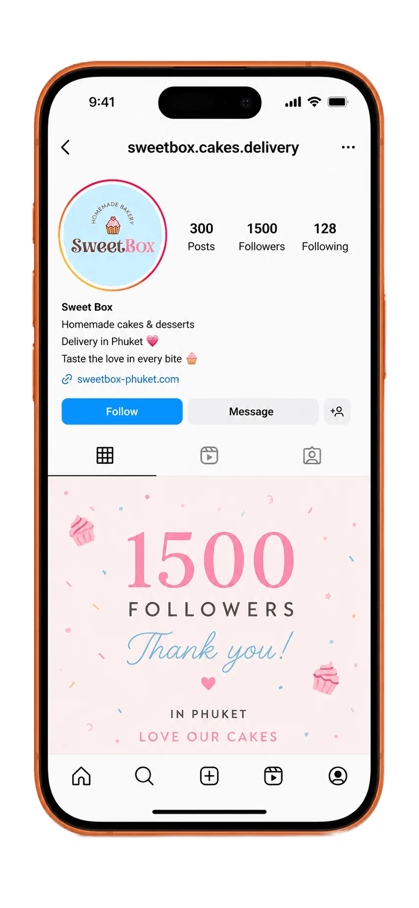 Phone mockup of the SweetBox Instagram profile celebrating 1500 followers