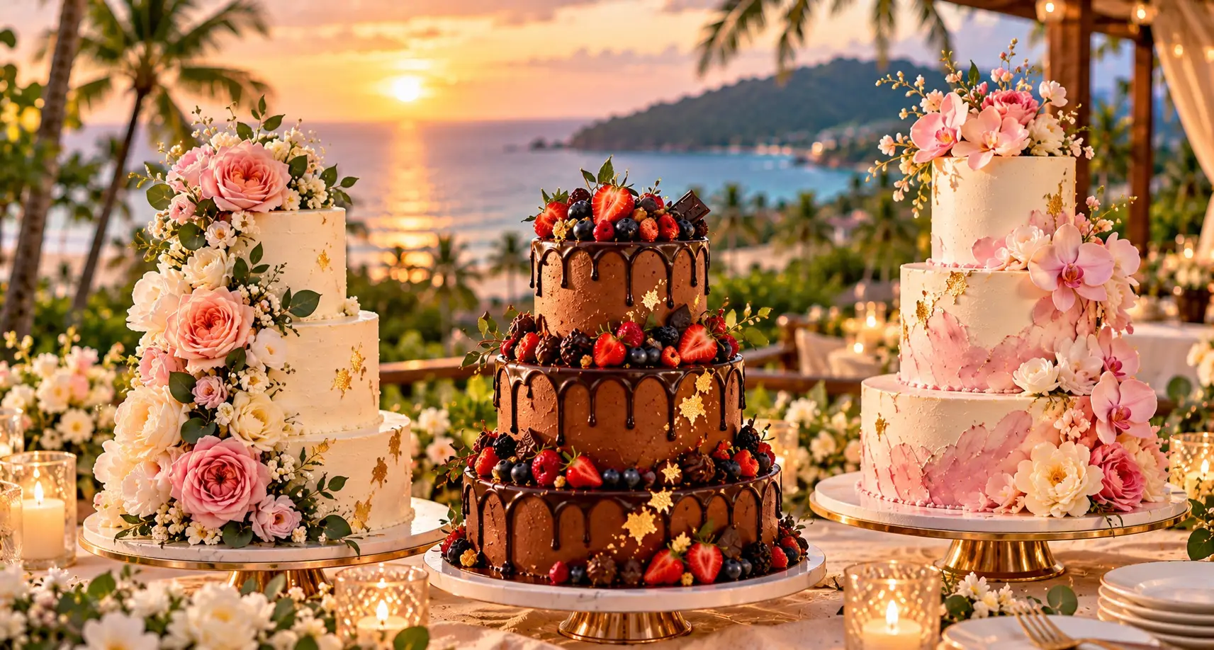 Three three-tier cakes on a sunset terrace: white with pink roses, chocolate drip with berries and pink with flowers