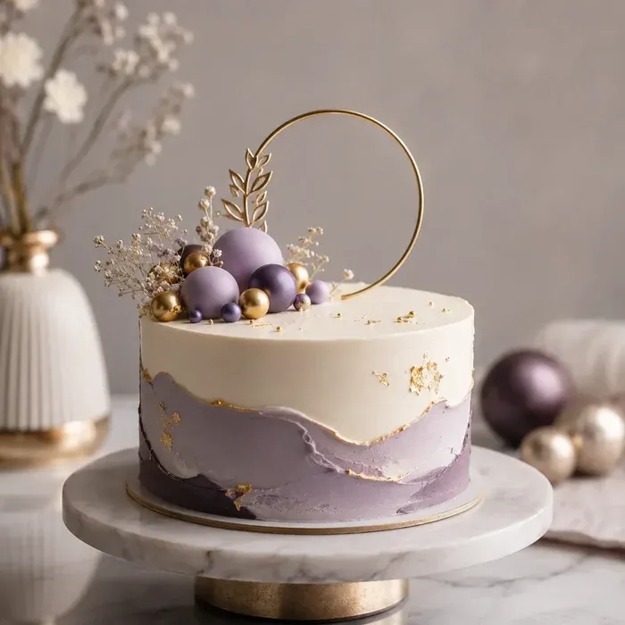 White and lavender cake with gold leaf, purple spheres, dried flowers and a gold hoop topper on a marble stand