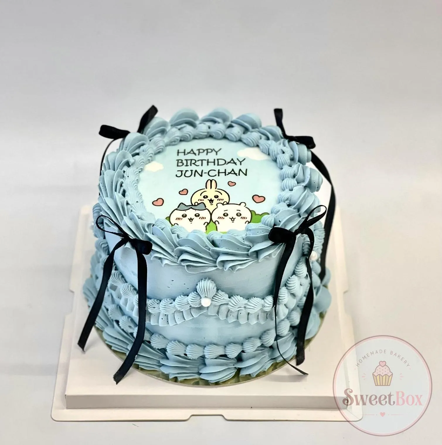 Light blue vintage cake with a cute cartoon print, black bows and Happy Birthday lettering