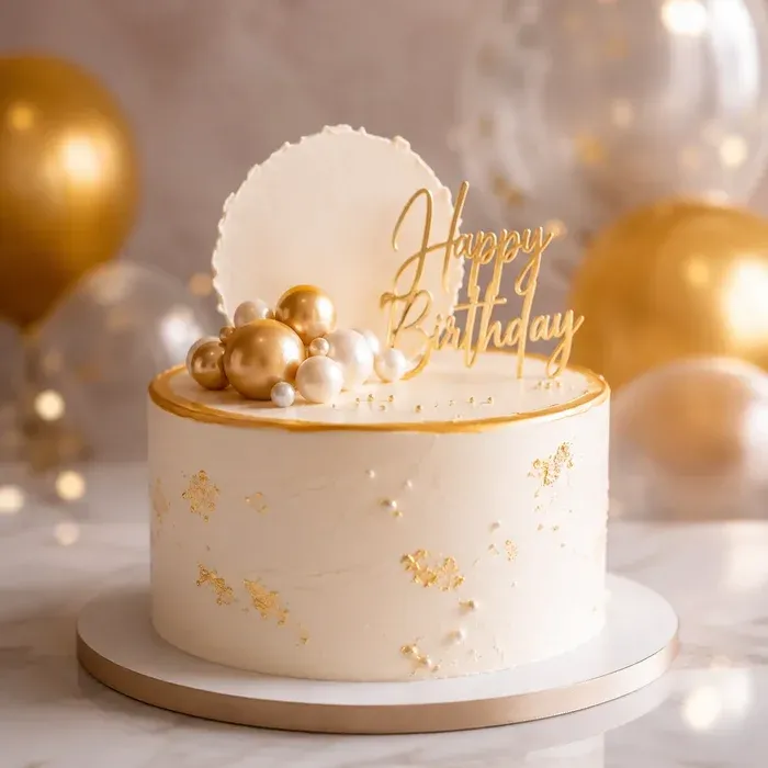White and gold luxury birthday cake with gold spheres, a wafer disc and a gold Happy Birthday topper